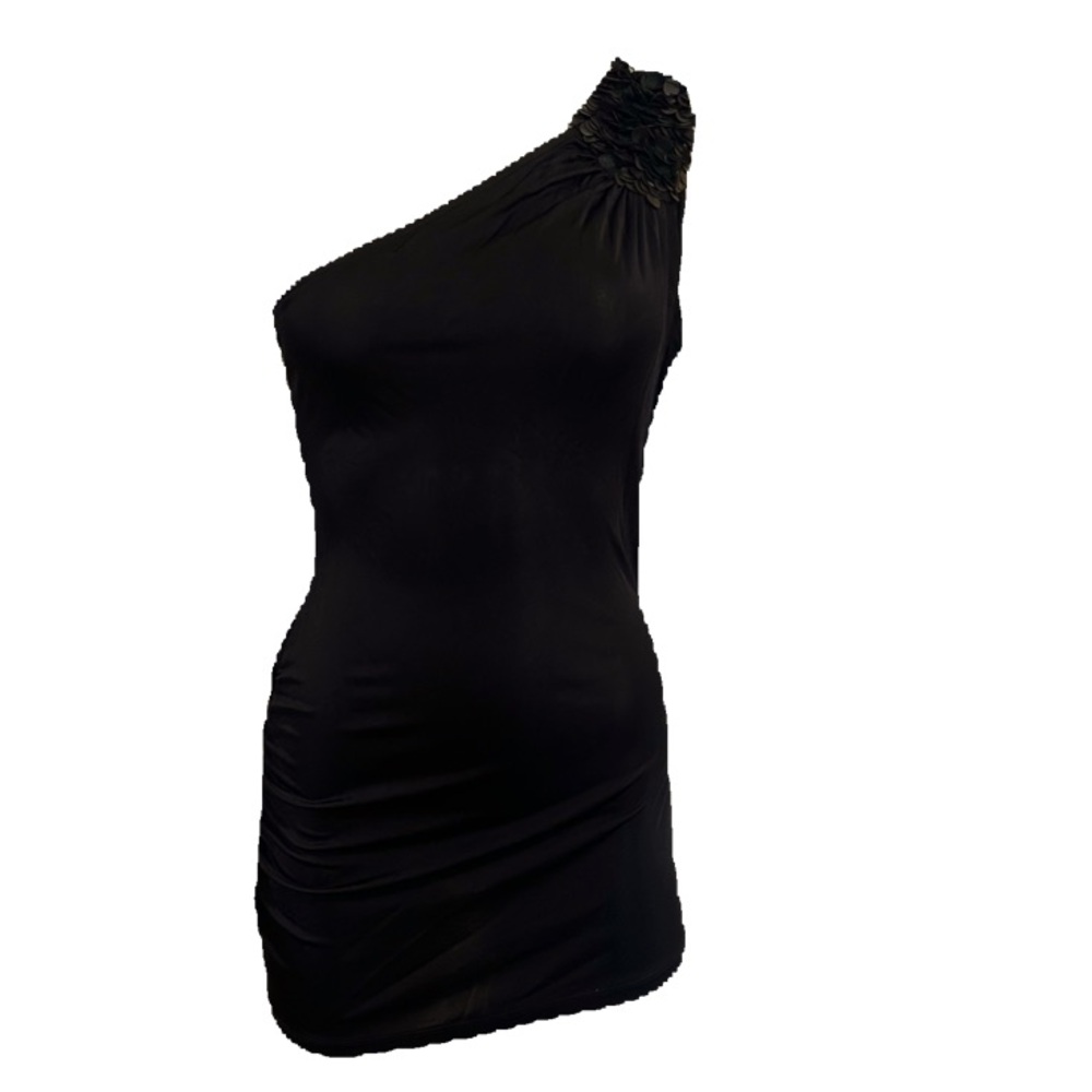 MANGO CASUAL SPORTSWEAR ONE SHOULDER RUS BLACK MINI DRESS VISCOSE IN SIZE SMALL